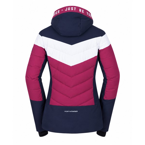 Women'S ski jacket NORTHFINDER IDA in Cherryblue color variant. Two-layer membrane construction provides water column 10,000 mm and breathability 10,000 g/m²/24 h. The jacket has synthetic thermal insulation, fixed 3D-hood, snow cuff, elastic inner cuffs, adjustable bottom edge and four practical pockets with YKK® zippers