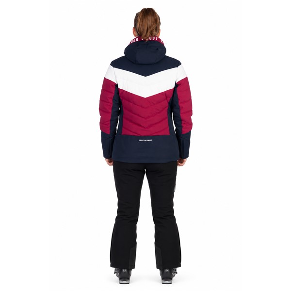 Women'S ski jacket NORTHFINDER IDA in Cherryblue color variant. Two-layer membrane construction provides water column 10,000 mm and breathability 10,000 g/m²/24 h. The jacket has synthetic thermal insulation, fixed 3D-hood, snow cuff, elastic inner cuffs, adjustable bottom edge and four practical pockets with YKK® zippers