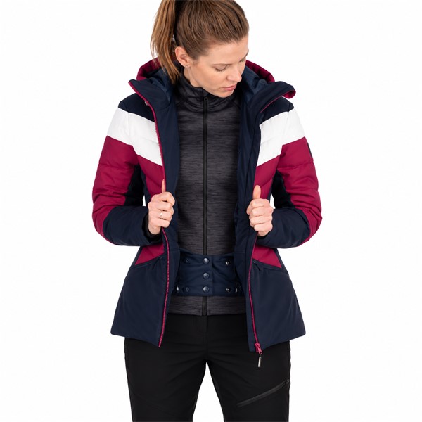 Women'S ski jacket NORTHFINDER IDA in Cherryblue color variant. Two-layer membrane construction provides water column 10,000 mm and breathability 10,000 g/m²/24 h. The jacket has synthetic thermal insulation, fixed 3D-hood, snow cuff, elastic inner cuffs, adjustable bottom edge and four practical pockets with YKK® zippers