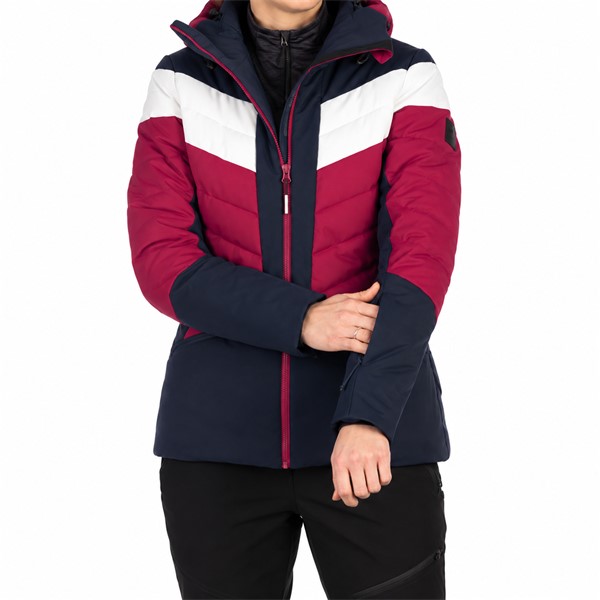 Women'S ski jacket NORTHFINDER IDA in Cherryblue color variant. Two-layer membrane construction provides a water column of 10,000 mm and breathability of 10,000 g/m²/24 h. The jacket has synthetic thermal insulation, fixed 3D hood, snow gaiter, elastic inner cuffs, adjustable bottom edge, and four practical pockets with YKK® zippers