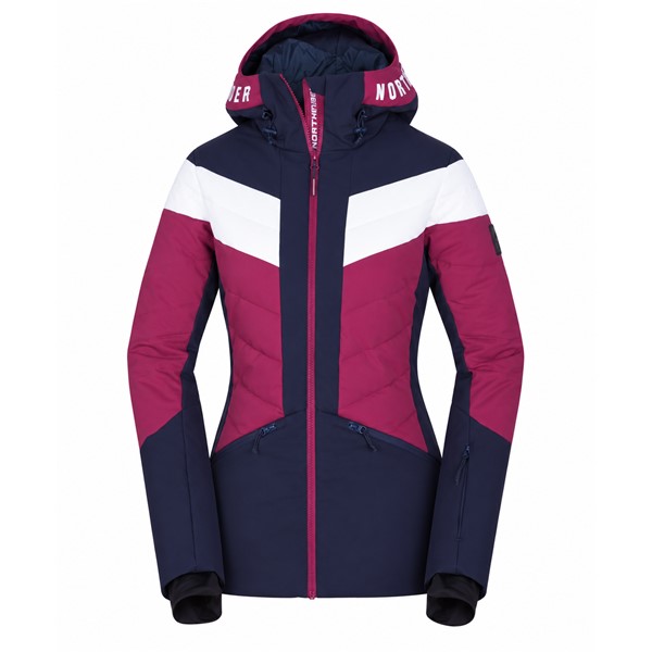Women'S ski jacket NORTHFINDER IDA in Cherryblue color variant. Two-layer membrane construction provides water column 10,000 mm and breathability 10,000 g/m²/24 h. The jacket has synthetic thermal insulation, fixed 3D-hood, snow cuff, elastic inner cuffs, adjustable bottom edge and four practical pockets with YKK® zippers