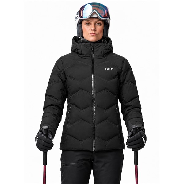 Women's HALTI Nordic Arcty II Black Ski Puffy Jacket in elegant black P99 Black. Advanced seamless welded insulation construction Microtherm Arcty, synthetic Microtherm Thermofill insulation from 100% recycled polyester, and water-repellent X-Welded material provide effective protection against cold and moisture. The jacket has a water column of 15,000 mm, breathability 15,000 g/m²/24 h, fixed adjustable hood, ventilation openings, water-repellent front zipper, and internal snow guard.