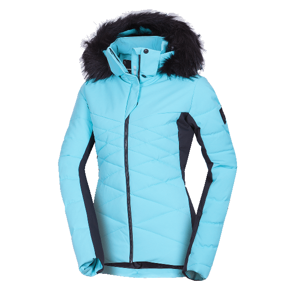 A women's ski jacket that is fully prepared for winter weather, snow, and wind. It combines modern design with advanced technical features and comfort.