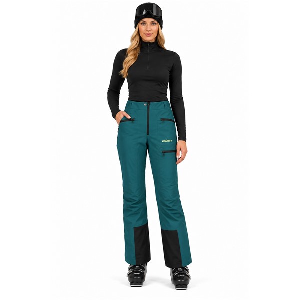 Women'S ski pants ELAN PETROL with water column 20,000 mm and breathability 20,000 g/m²/24 h. Two-layer construction with polyurethane membrane, insulation from 100% recycled polyester, fully taped seams, waterproof zippers, ventilated openings with mesh, reinforced bottom parts and adjustable leg endings ensure functionality for all-day skiing.