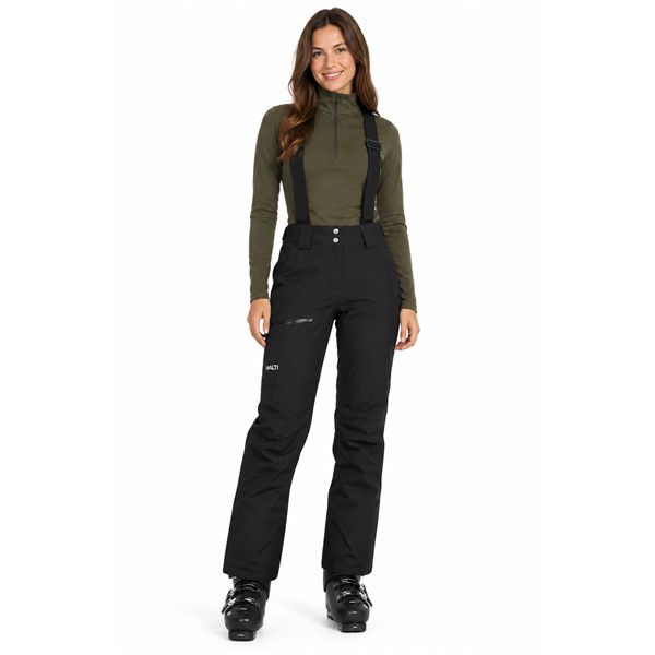Women's ski pants HALTI Carvey II DX Black in elegant black color P99 Black. Technical material DrymaxX LN 4-Way Stretch provides a waterproof column of 15,000 mm and breathability 15,000 g/m²/24 h, Microtherm Dynamic 40 g insulation offers effective thermal protection. Pants have removable suspenders, adjustable waist, fully sealed seams, inner snow gaiters, Stretch Cordura reinforcements, and thigh pocket with water-repellent zipper.