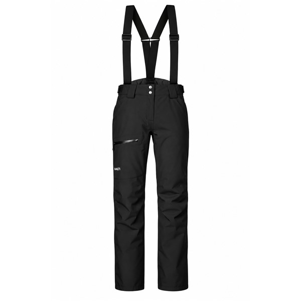 Women’s HALTI Carvey II DX Black ski pants in stylish black P99 Black. Technical DrymaxX LN 4-Way Stretch material provides a water column of 15,000 mm and breathability 15,000 g/m²/24 h, Microtherm Dynamic 40 g insulation provides effective thermal protection. The pants have detachable suspenders, adjustable waist, fully taped seams, internal snow gaiters, Stretch Cordura reinforcements, and thigh pocket with water-repellent zipper.