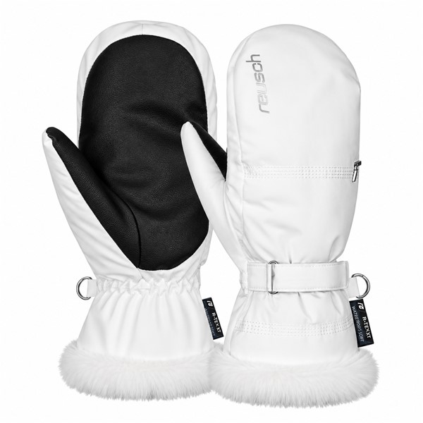 Ženske smučarske rokavice REUSCH LUNA R-TEX® XT MITTEN v beli barvi WHITE. Nepremočljiva membrana R-TEX® XT, toplotna izolacija TecFill™, prožen Softshell, sintetična dlan Hybrid PU, podloga MicroActive in eleganten zaključek iz umetnega krzna zagotavljajo toploto, udobje in zaščito med smučanjem.