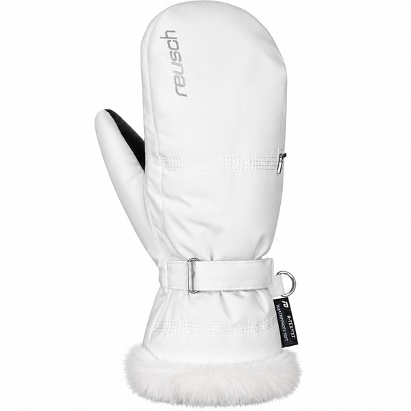 Ženske smučarske rokavice REUSCH LUNA R-TEX® XT MITTEN v beli barvi WHITE. Nepremočljiva membrana R-TEX® XT, toplotna izolacija TecFill™, prožen Softshell, sintetična dlan Hybrid PU, podloga MicroActive in eleganten zaključek iz umetnega krzna zagotavljajo toploto, udobje in zaščito med smučanjem.