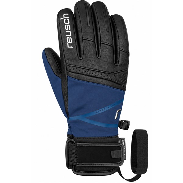 Women’s ski gloves REUSCH MIKAELA SHIFFRIN R-TEX® XT in BLACK / DRESS BLUE color combination. Mikaela Shiffin’s signature model with waterproof R-TEX® XT membrane, PrimaLoft® Gold insulation, high-quality goatskin leather, Softshell and Softshell Premium materials, and soft SoftPlush and MicroActive linings provide exceptional warmth, comfort, and precise grip while skiing.