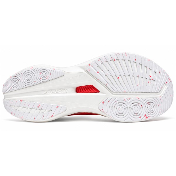 Hitre in odzivne ženske tekaške superge Saucony Endorphin Speed 5 s PWRRUN PB peno, poltogo najlonsko ploščo in SPEEDROLL tehnologijo za tempo treninge in tekmovanja.