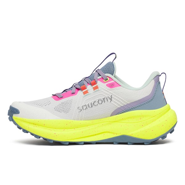 Maksimalno blažene ženske trail superge Saucony Xodus Ultra 4 White Citron s podplatom Vibram MegaGrip za dolge teke, ultratrail in zahtevne terene.