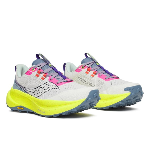 Maksimalno blažene ženske trail superge Saucony Xodus Ultra 4 White Citron s podplatom Vibram MegaGrip za dolge teke, ultratrail in zahtevne terene.