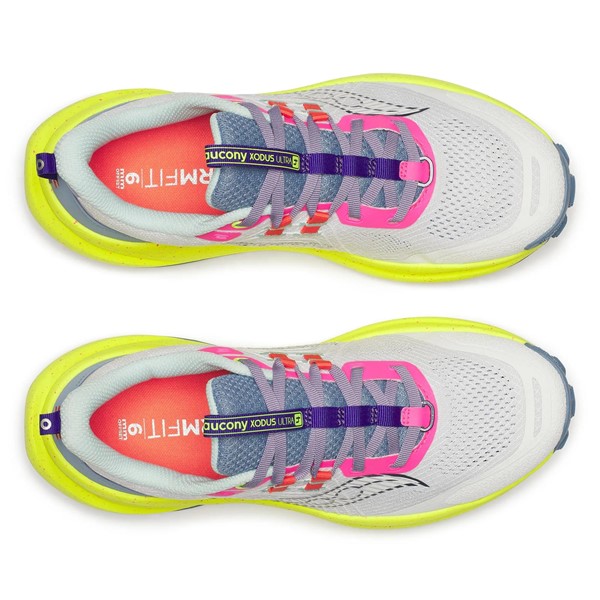 Maksimalno blažene ženske trail superge Saucony Xodus Ultra 4 White Citron s podplatom Vibram MegaGrip za dolge teke, ultratrail in zahtevne terene.