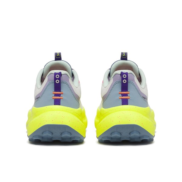 Maksimalno blažene ženske trail superge Saucony Xodus Ultra 4 White Citron s podplatom Vibram MegaGrip za dolge teke, ultratrail in zahtevne terene.