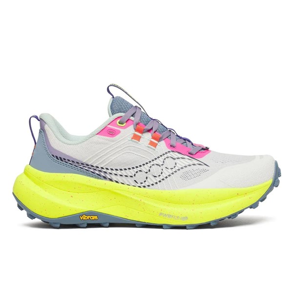 Maksimalno blažene ženske trail superge Saucony Xodus Ultra 4 White Citron s podplatom Vibram MegaGrip za dolge teke, ultratrail in zahtevne terene.