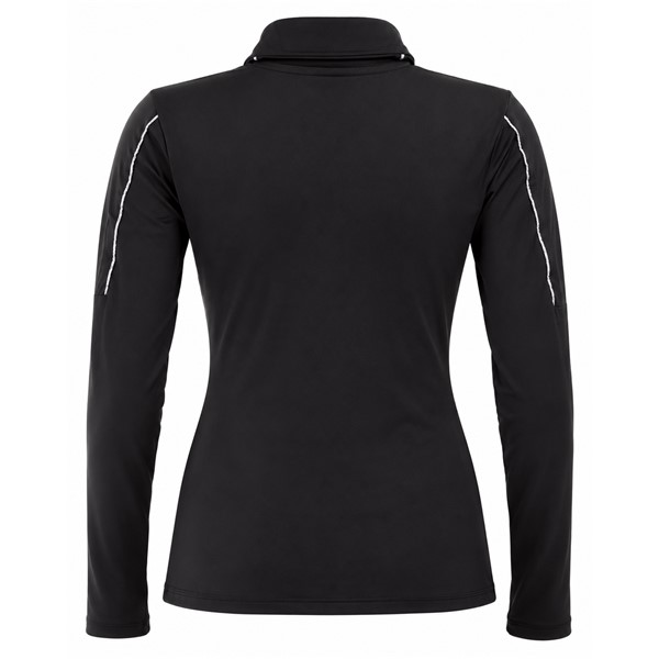 Women's full-zip pullover REUSCH DELUXE BLACK/SILVER in elegant black color with silver accents. Practical sport pullover with a higher collar suitable as a mid-layer under a ski jacket or as standalone clothing for winter activities and leisure.