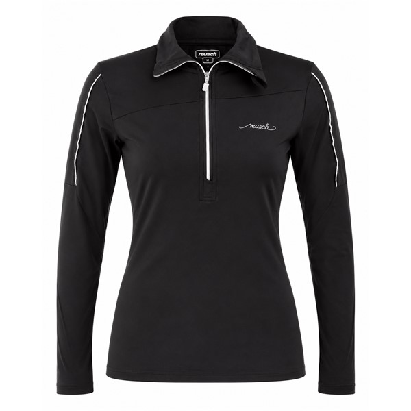 Women's full-zip pullover REUSCH DELUXE BLACK/SILVER in elegant black color with silver accents. Practical sports pullover with a higher collar suitable as a mid-layer under ski jacket or as a standalone piece for winter activities and leisure.