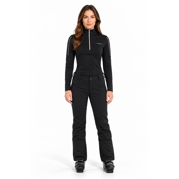Women's zip pullover REUSCH DELUXE BLACK/SILVER in elegant black with silver accents. Practical sports pullover with higher collar is suitable as a mid-layer under a ski jacket or as a standalone garment for winter activities and leisure.