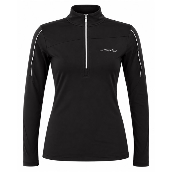 Women's zip pullover REUSCH DELUXE BLACK/SILVER in elegant black with silver accents. Practical sports pullover with higher collar is suitable as a mid-layer under a ski jacket or as a standalone garment for winter activities and leisure.
