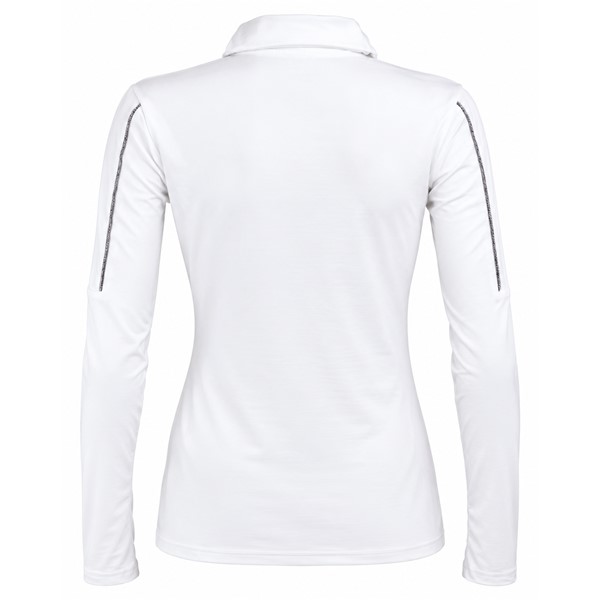 Women's ski pullover REUSCH DELUXE WHITE/SILVER in elegant white color with silver accents. 95% polyester and 5% elastane fabric, higher collar and practical zipper provide comfort, stretchability and freedom of movement for skiing and other winter activities.