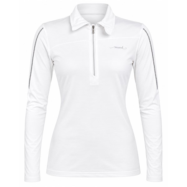 Women's ski pullover REUSCH DELUXE WHITE/SILVER in elegant white color with silver accents. 95% polyester and 5% elastane fabric, higher collar and practical zipper provide comfort, stretch, and freedom of movement for skiing and other winter activities.