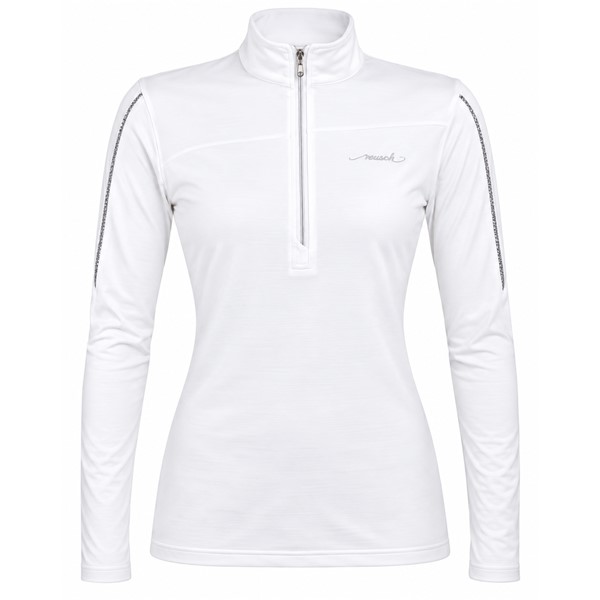 Women's ski pullover REUSCH DELUXE WHITE/SILVER in elegant white color with silver accents. 95% polyester and 5% elastane fabric, higher collar and practical zipper provide comfort, stretch and freedom of movement for skiing and other winter activities.
