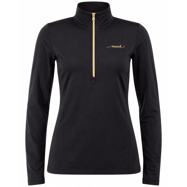 Ženski tehnični smučarski puli REUSCH SUPREME BLACK/GOLD v elegantni črni barvi z zlatimi poudarki. Raztegljiv material iz 95 % poliestra in 5 % elastana, visok ovratnik ter praktična kratka zadrga zagotavljajo udobje, svobodo gibanja in športno eleganten videz pri smučanju ter drugih zimskih aktivnostih.