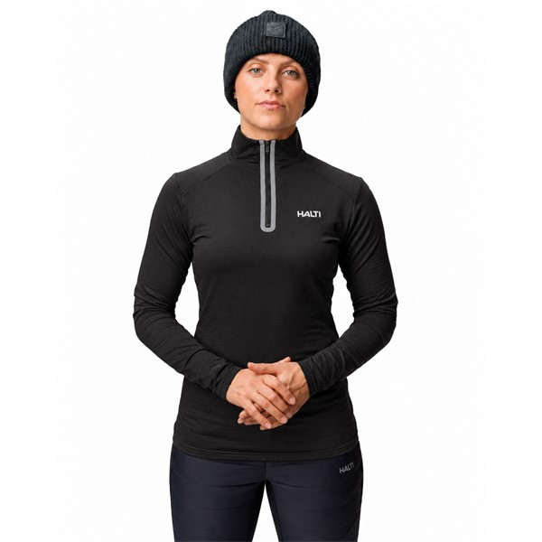 Women's technical ski pullover HALTI JAAKO BLACK in elegant black color. Light Active Dry Sport Knit material 94% recycled polyester and 6% elastane, mesh-structured interior and high collar ensure effective moisture wicking, breathability and freedom of movement for skiing, hiking and other activities.