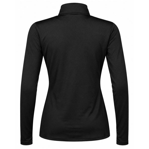 Women's technical ski pullover HALTI JAAKO BLACK in elegant black color. Light Active Dry Sport Knit material 94% recycled polyester and 6% elastane, mesh-structured interior and high collar ensure effective moisture wicking, breathability and freedom of movement for skiing, hiking and other activities.