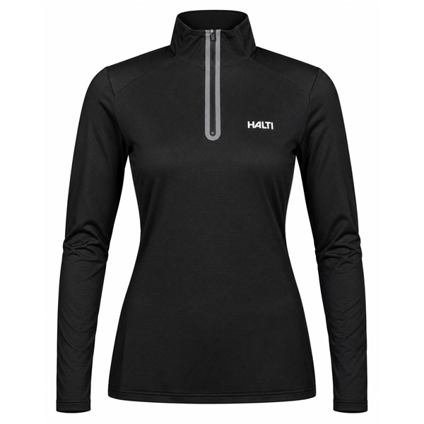Women's technical ski pullover HALTI JAAKO BLACK in elegant black color. Light Active Dry Sport Knit material 94% recycled polyester and 6% elastane, mesh-structured interior and high collar ensure effective moisture wicking, breathability and freedom of movement for skiing, hiking and other activities.