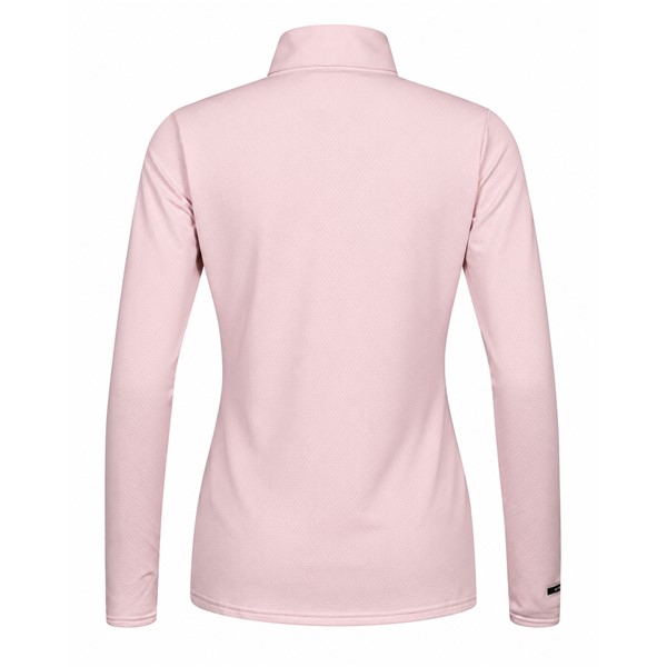 Women's technical ski pullover HALTI JAAKO VEILED PINK in elegant soft pink color. Light Active Dry Sport Knit material 94% recycled polyester and 6% elastane, mesh-structured interior and high collar ensure effective moisture wicking, breathability and freedom of movement for skiing, hiking and other activities.