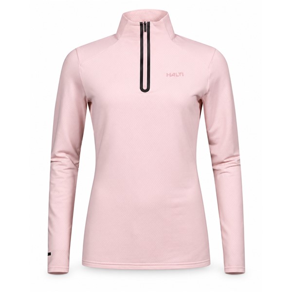 Women's technical ski pullover HALTI JAAKO VEILED PINK in elegant soft pink color. Light Active Dry Sport Knit material 94% recycled polyester and 6% elastane, mesh-structured interior and high collar ensure effective moisture wicking, breathability and freedom of movement for skiing, hiking and other activities.