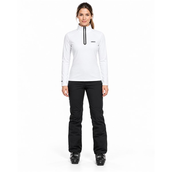 Women's technical ski pullover HALTI JAAKO WHITE in an elegant white color with a contrasting black zipper. Light Active Dry Sport Knit material 94% recycled polyester and 6% elastane, mesh-structured interior and high collar ensure effective moisture wicking, breathability and freedom of movement for skiing, hiking and other activities.