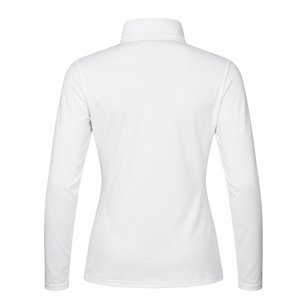 Women's technical ski pullover HALTI JAAKO WHITE in an elegant white color with a contrasting black zipper. Light Active Dry Sport Knit material 94% recycled polyester and 6% elastane, porous inner lining and high collar ensure effective moisture wicking, breathability and freedom of movement for skiing, hiking and other activities.