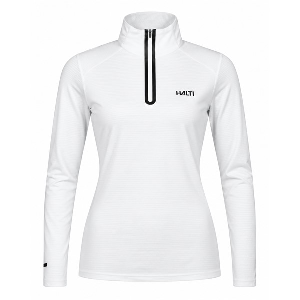Women's technical ski pullover HALTI JAAKO WHITE in an elegant white color with a contrasting black zipper. Light Active Dry Sport Knit material 94% recycled polyester and 6% elastane, mesh-structured interior and high collar ensure effective moisture wicking, breathability and freedom of movement for skiing, hiking and other activities.