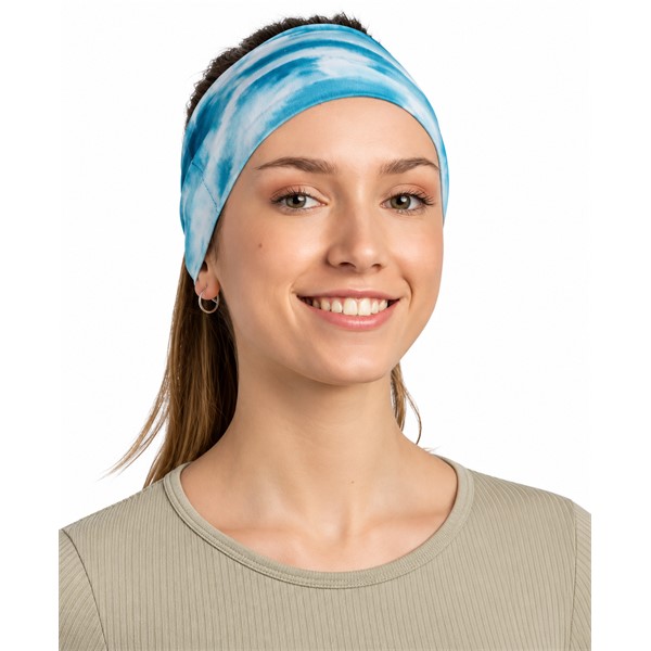 Lahek in zračen ženski športni trak BUFF® CoolNet UV® Ellipse Headband Newa Pool s tehnologijo HeiQ®, UV-zaščito UPF 50, 95 % reciklirane vsebine in silikonskim oprijemom za tek, pohodništvo in intenzivne športne aktivnosti.