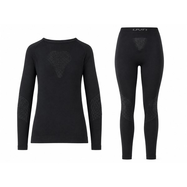 Ženski komplet smučarskega termo perila UYN VISYON 2.0 UW BLACK/ANTHRACITE v elegantni črno-antracitni barvni kombinaciji. Tehnični material iz 96 % poliamida, 2 % elastana in 2 % polipropilena, ergonomska konstrukcija, integrirane prezračevalne cone in aktivna termoregulacija zagotavljajo udobje ter funkcionalnost pri smučanju in drugih zimskih športih.