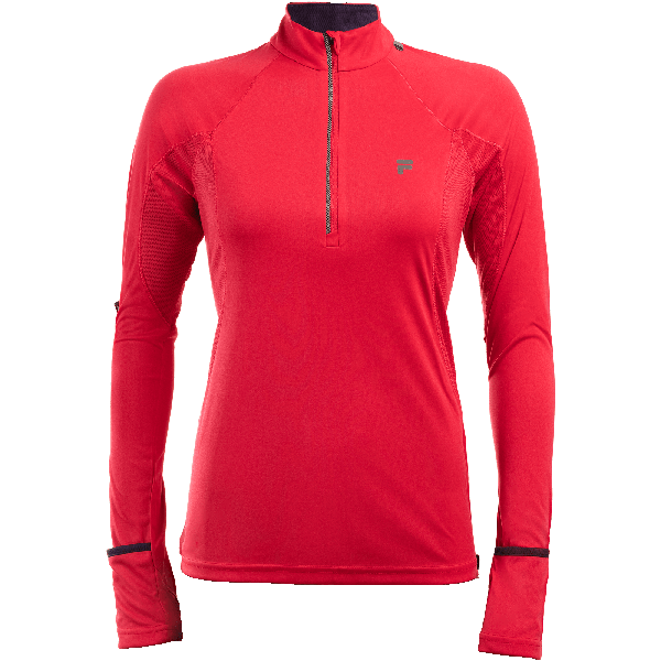 The women's long-sleeve shirt with a zipper is made of 100% polyester, making it very comfortable and soft. It fits the body perfectly and is designed for running. It zips up at the neck.