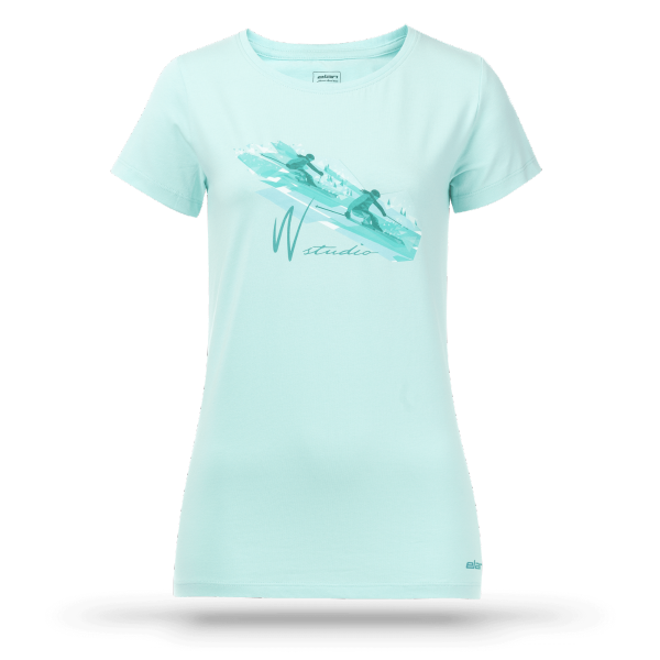 Women's ELAN SKIER BLUE shirt represents the latest design that combines comfort and functionality at the highest level. With a classic cut and short sleeves in an attractive mint color, along with a skier print on the chest, it offers a timeless and appealing look.
