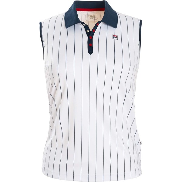 The FILA PIA is a women's sleeveless polo shirt specifically designed for tennis. Made from 100% polyester, it ensures lightness and breathability during play.