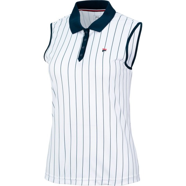 The FILA PIA is a women's sleeveless polo shirt specifically designed for tennis. Made from 100% polyester, it ensures lightness and breathability during play.