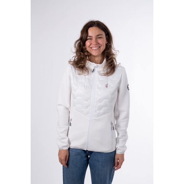 The AULP CELSI women's hybrid jacket in white offers the perfect balance of warmth, comfort, and freedom of movement. Lightweight, with soft fleece and effective insulation – ideal for layering on cold days.