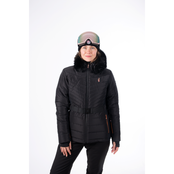 Elegantna ženska smučarska jakna AULP Carin Black: vodoodporna, topla in udobna z odstranljivo kapuco ter snežno manšeto. Popolna izbira za moderne smučarke.