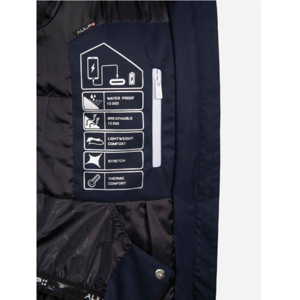 Ženska smučarska jakna AULP SANDI združuje eleganten videz, vrhunsko toplotno izolacijo in 15K/15K zaščito pred snegom in vetrom. Idealna za zahtevne smučarke.