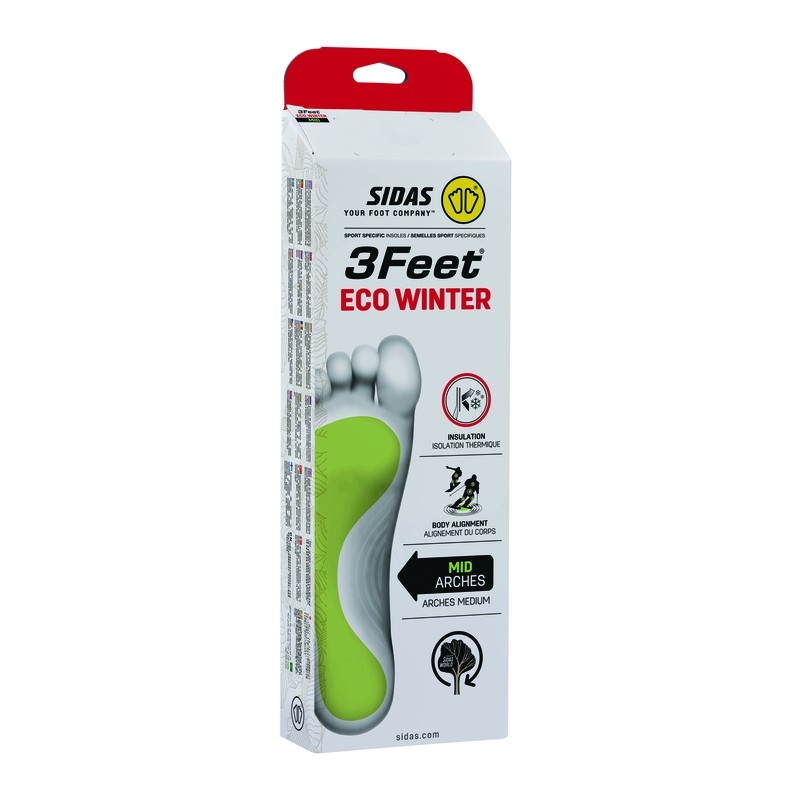 Eko oblikovani anatomski vložki za smučarske čevlje, prilagojeni vašemu tipu stopala. Sidas je razvil koncept 3 Feet, ki prilagaja način izdelave vložka glede na tri različne tipe stopal z visokim, srednjim in nizkim lokom.