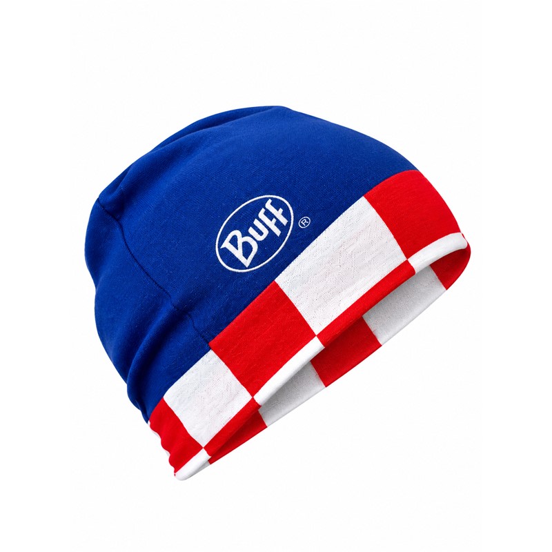 Športna kapa BUFF EcoStretch Beanie Croatian Checkerboard v modri barvi z rdeče-belim hrvaškim šahovničnim vzorcem ob spodnjem robu in belim logotipom BUFF.