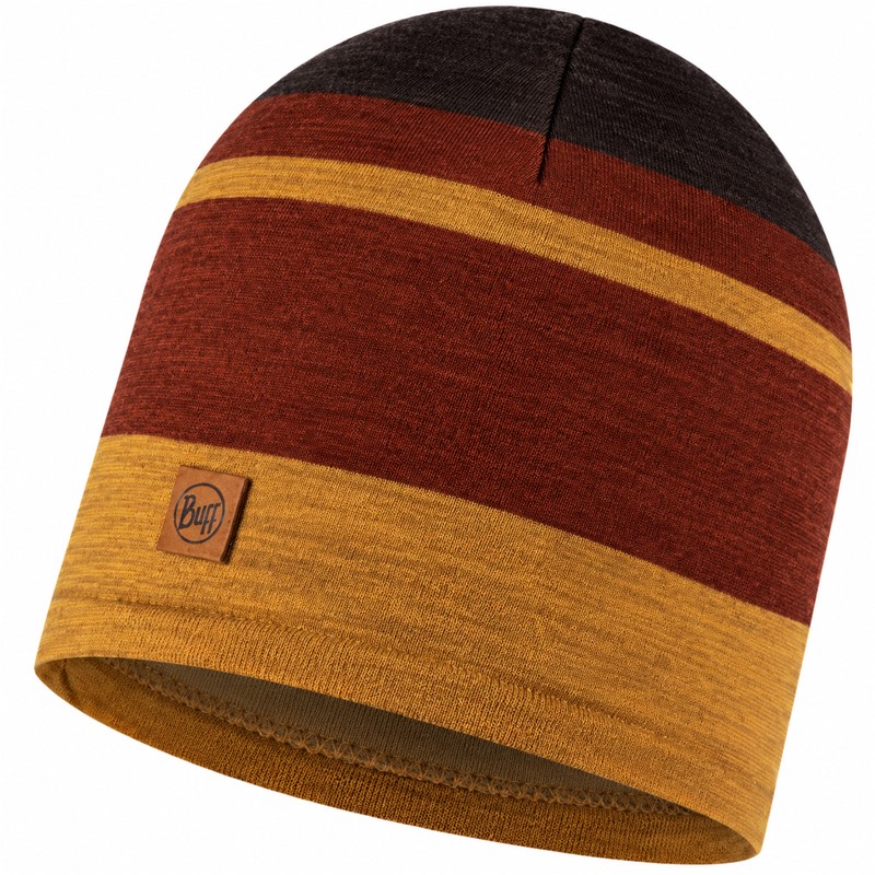Topla in udobna pletena kapa BUFF® Merino Move Beanie Mustard z merino volno, brezšivno konstrukcijo in privlačnim barvnim dizajnom za pohodništvo, zimske sprehode in vsakodnevno uporabo.