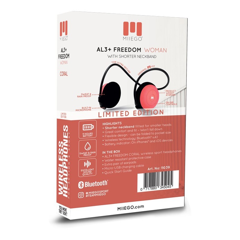 Brezžične slušalke AL3 WOMAN CORAL, so prav posebej obilkovane za športne dejavnosti. So izredno udobne, vedno ostanejo na mestu. Z zelo vzdržljivo baterijo.