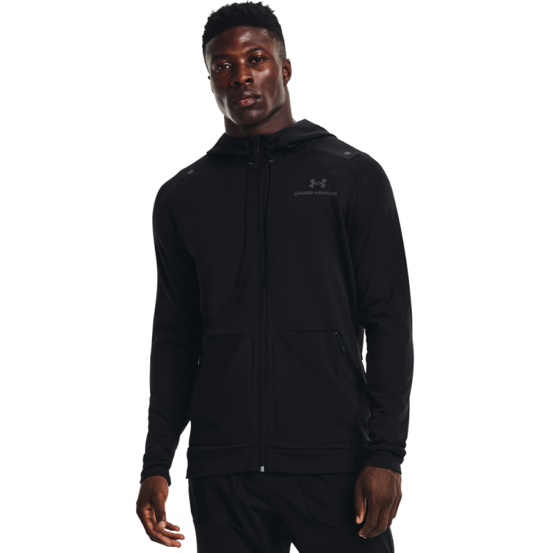 Under Armour Rush All Purpose FZ HD is a men's hoodie suitable for running and various other activities. It is made from a pleasant synthetic material that dries quickly and effectively wicks moisture. It features a zipper, a hood, and two pockets.