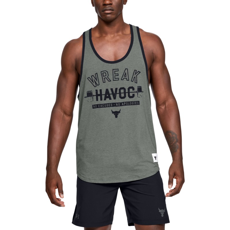 The men's shirt UA Project Rock Tank Wreak Havoc is a sleeveless shirt created for intense workouts and relentless athletes. Breathable, lightweight material and a loose fit ensure comfort and freedom of movement.